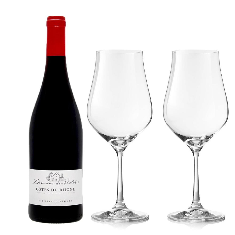 Les Violettes Cotes du Rhone 75cl Red Wine And Crystal Classic Collection Wine Glasses